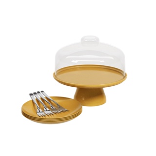 Kit Celebration Coza Com Boleira Ø 25cm 4 Pratos De Sobremesa E 4 Garfos De Sobremesa Inox - Dourado Com Glitter