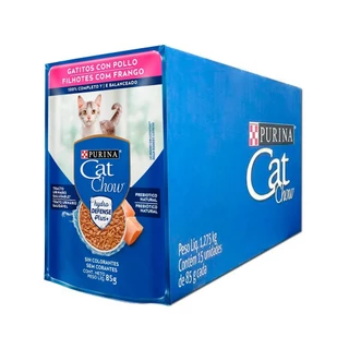 Caixa 15un Ração Úmida Sachê Cat Chow Gatos Filhotes Frango Ao Molho 85g