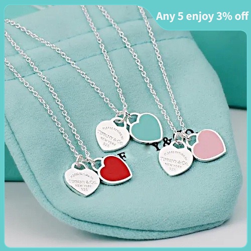 Colar Clássico Duplo Coração Azul Prata 925 Pingente (Sem caixa)