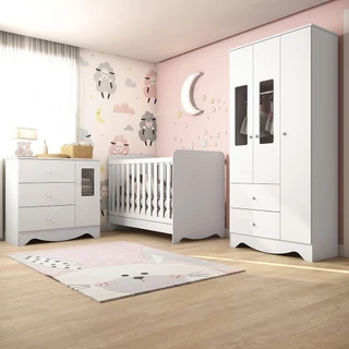 Quarto de Bebê Completo com Guarda Roupa e Cômoda com Janelas e Berço Americano 3 em 1 Ben Móveis Peroba Branco Brilho