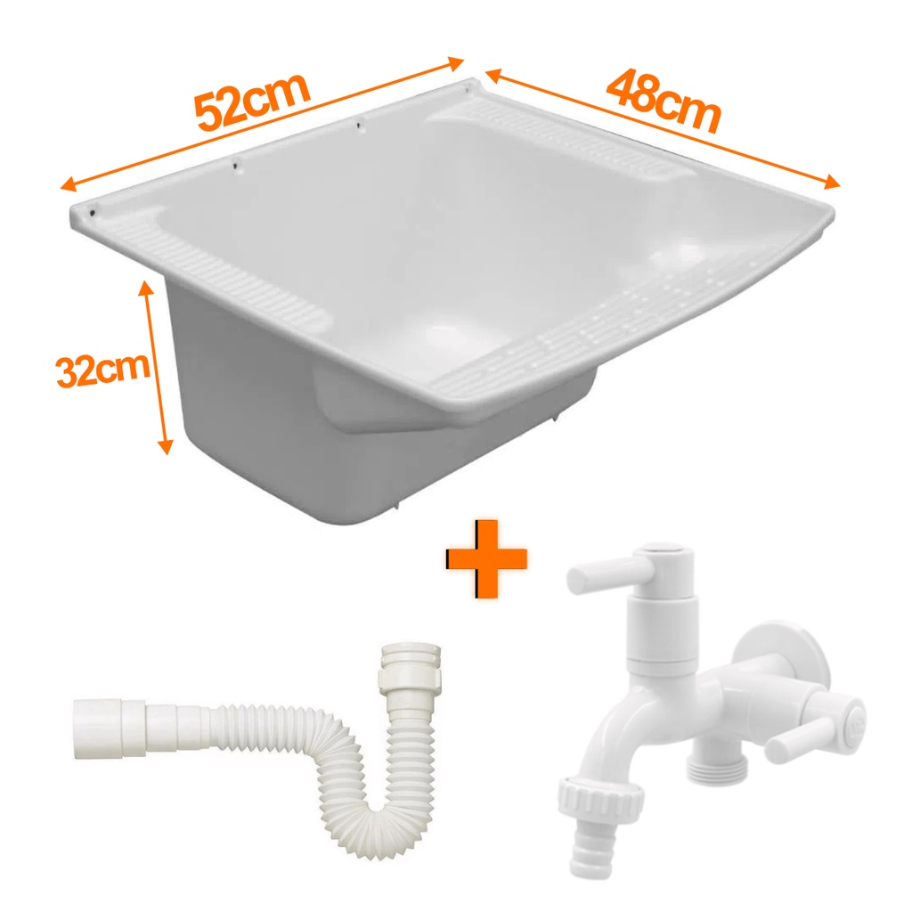 Tanque Plástico Branco 28 Litros + Torneira Tanque/Máquina + Sifão Longo 1,20m