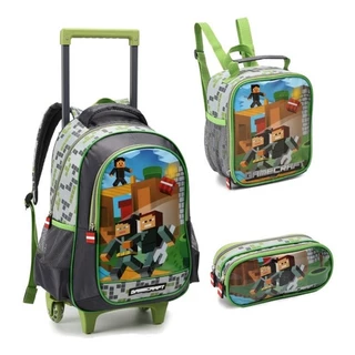 Kit Escolar Gamecraft Mochila com Rodinhas Lancheira e Estojo Menino Infantil