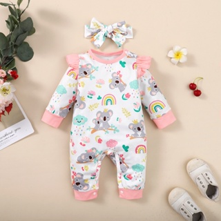 Macacão Para Bebês Recém-Nascidos Fato De Bebê De Menina Arco-Íris Impressão De Manga Comprida Romper Jumpsuit Com Faixa De Cabeça