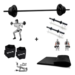 Kit Barra + 10 Kg De Anilhas Emborrachadas + caneleira 4 kg + colchonete
