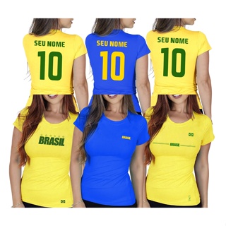 Camiseta Blusa do Brasil Azul Com Gola Amarela