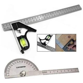 Kit Transferidor Grau Inox 180 Graus + Esquadro Combinado Ferramentas