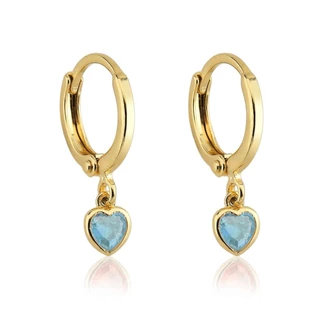 Brinco Argolinha com Pingente de Coração Pedra Azul Banho de Ouro 18k