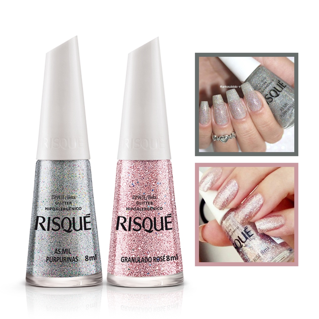 Kit Esmalte Risque Glitter Mil Purpurinas + Granulado Rose | Shopee Brasil