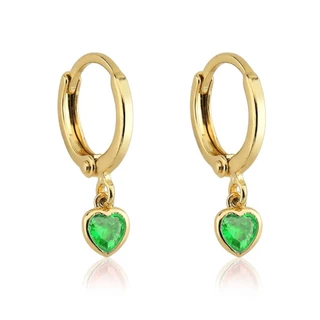 Brinco Argolinha com Pingente de Coração Pedra Verde Esmeralda Banho de Ouro 18k