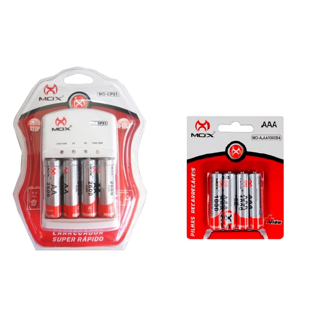 Carregador de Pilhas e Bateria 9v Mox Bivolt Com 8 Pilhas Recarregveis ...