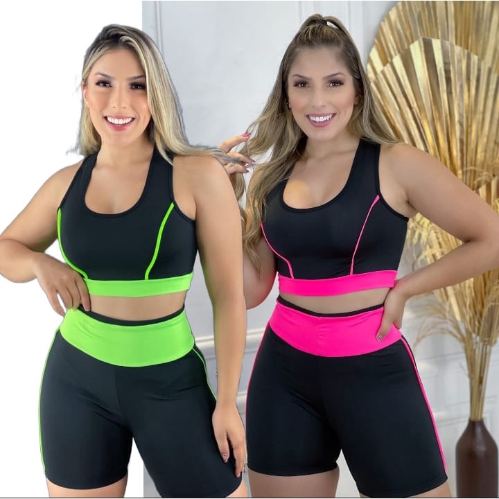 Kit 2 Conjuntos Academia Feminino Top Short Moda Fitness Suplex