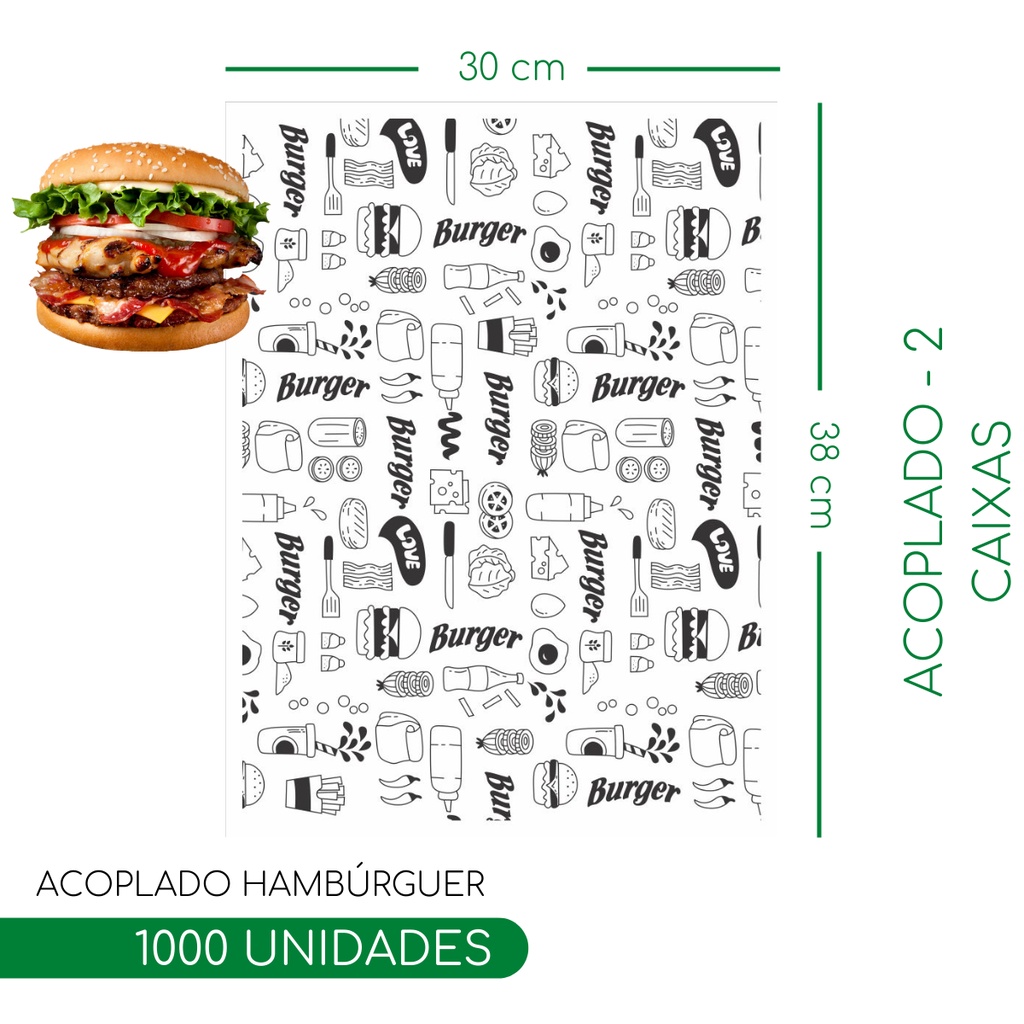 Papel Acoplado Hamburguer 30x38 Embalagem para Lanche Película Protetora 1000un