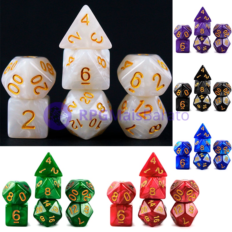 Conjunto 7 Dados Mármore com Dourado [RPG]