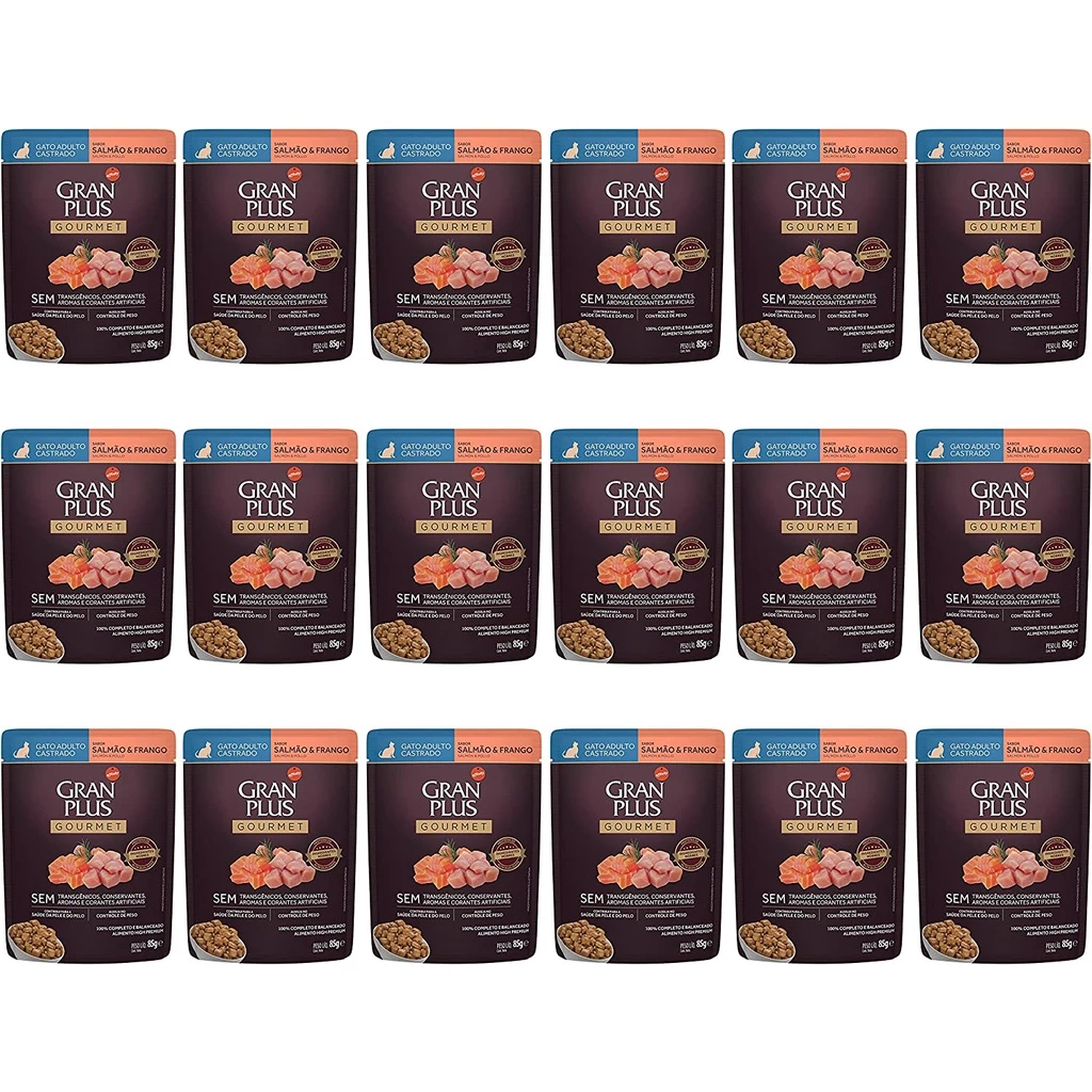Caixa 18un Ração Úmida Sachê GranPlus Gourmet Gatos Castrados Salmão e Frango 85g