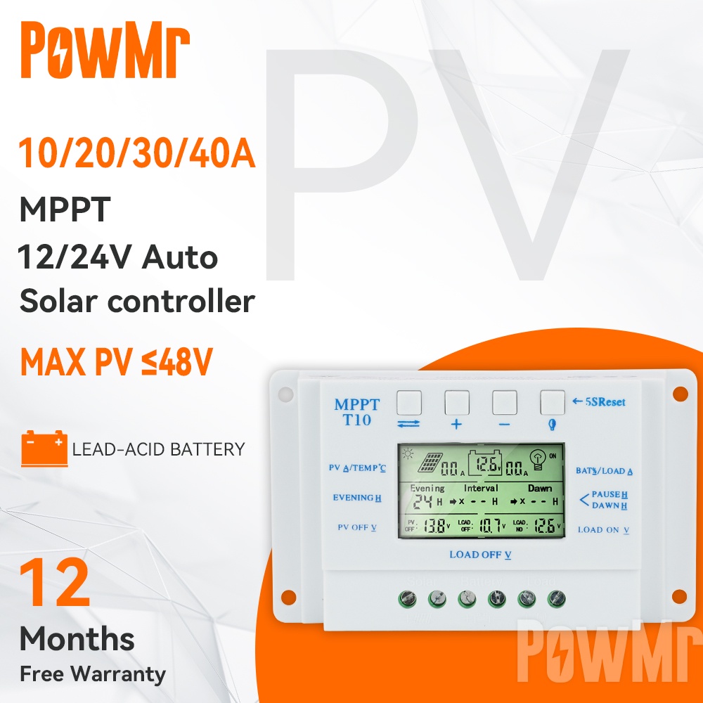 PowMr MPPT 10 20 30 40A Controlador De Descarga De Carga Solar Regulador USB LCD 12V 24V Controle De Temporizador Duplo Para Sistema De Iluminação