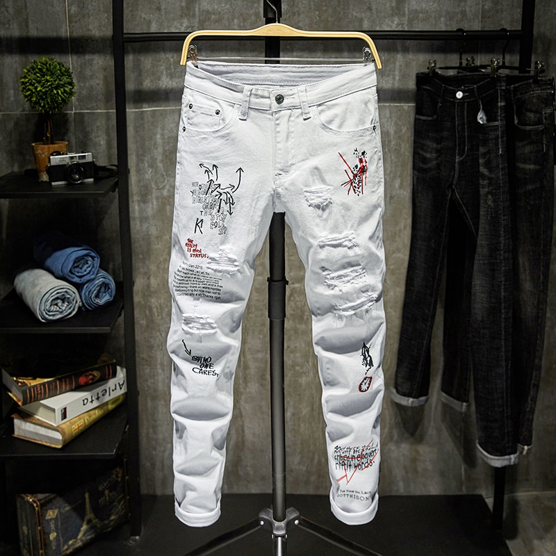 Calças de ganga skinny rasgadas, Jeans Homem