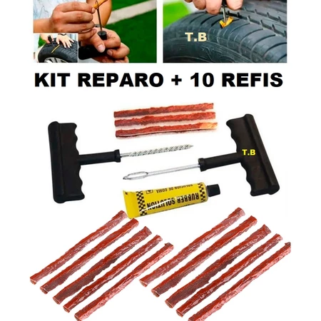 KIT DE REPARO DE PNEU SEM CÂMARA KIT DE CHAVES + 10 REFIL MODELO MACARRÃO PARA MOTO E CARRO Limitado