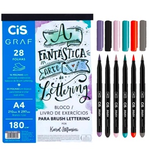 Kit Lettering Iniciante Caneta Brush Pen Cis 6 Cores + Bloco Exercícios CIS