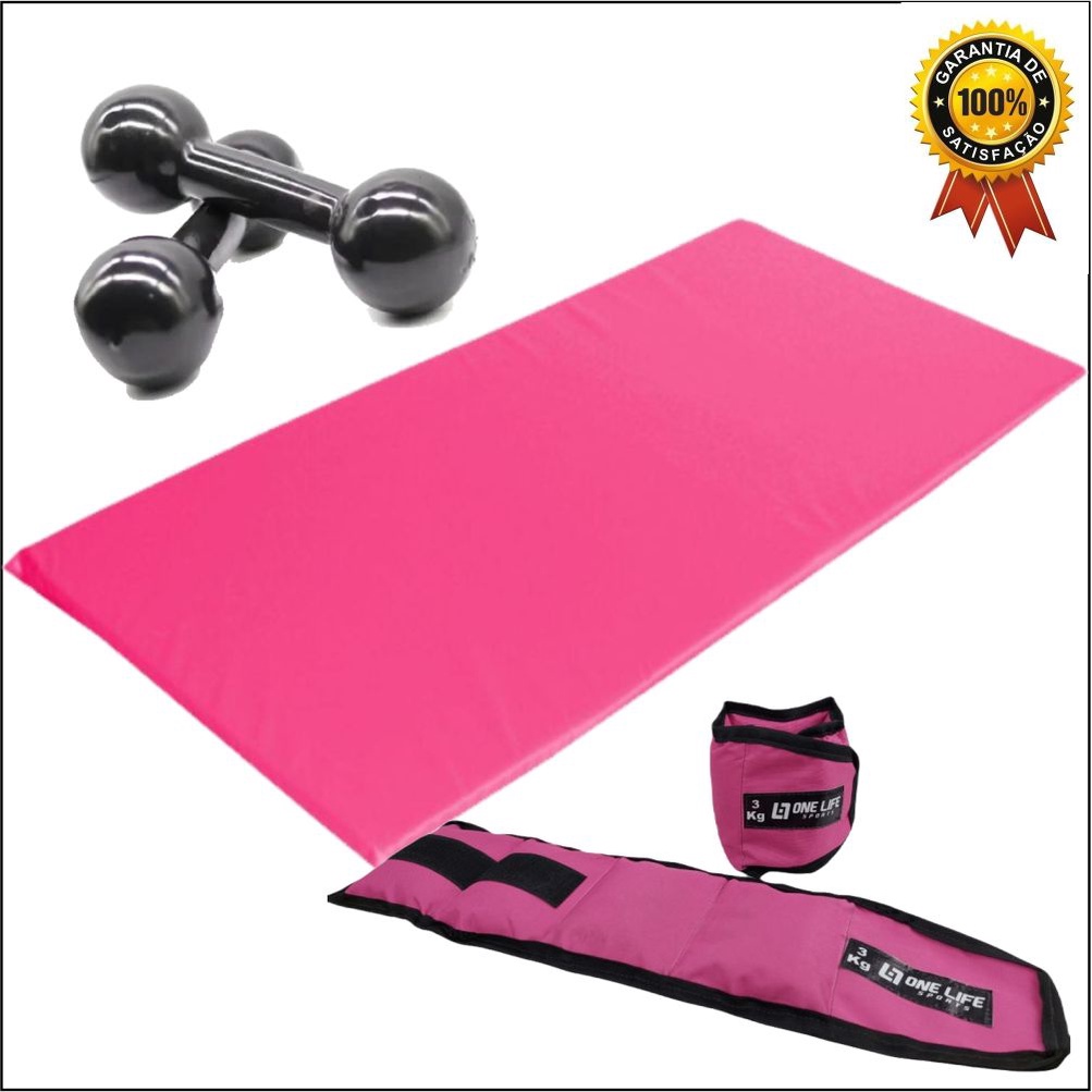 Kit Aeróbico Em Casa - Par Caneleira Rosa 1 Kg + Colchonete Pink + Par Halter 1 Kg Treinamento Funcional Cross Training