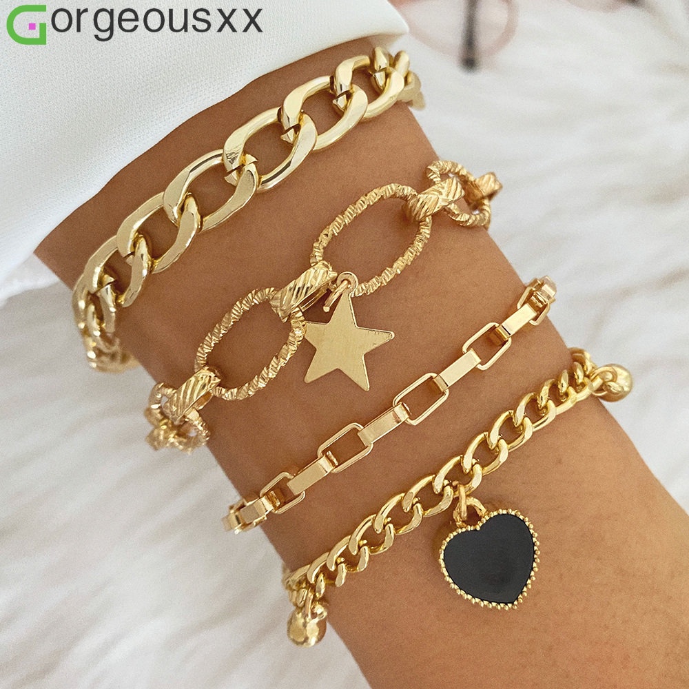 Moda Punk Golden Bracelete Metal Pulseiras De Corrente Grossa Para Mulheres Pentagrama Contas Coração Pingente Pulseira Charme Conjunto Joias | Shopee Brasil