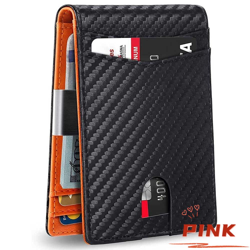 PINK1 Carteira Masculina Slim De Crédito ID Fina Pequena RFID Couro Genuíno