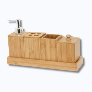 Kit Banheiro Lavabo Bambu 5 Peças Acessorios Ecologico Higienico Natural Organizacao