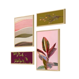 Kit 4 Quadros Abstrato Folhagens Ramos Decorativo