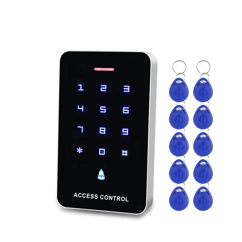 Painel Touch Controle De Acesso Teclado RFID Leitor De Controlador WG26 Botão De Sino De Porta + 10pcs EM4100 Keyfobs Tags