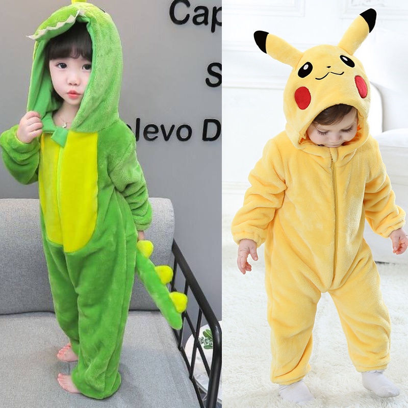 Roupas Para Bebês Jumpsuits Pikachu Pokemon Kigurumi Onesie Dinossauro Fofo Pajama Crianças Jumspuit De Inverno
