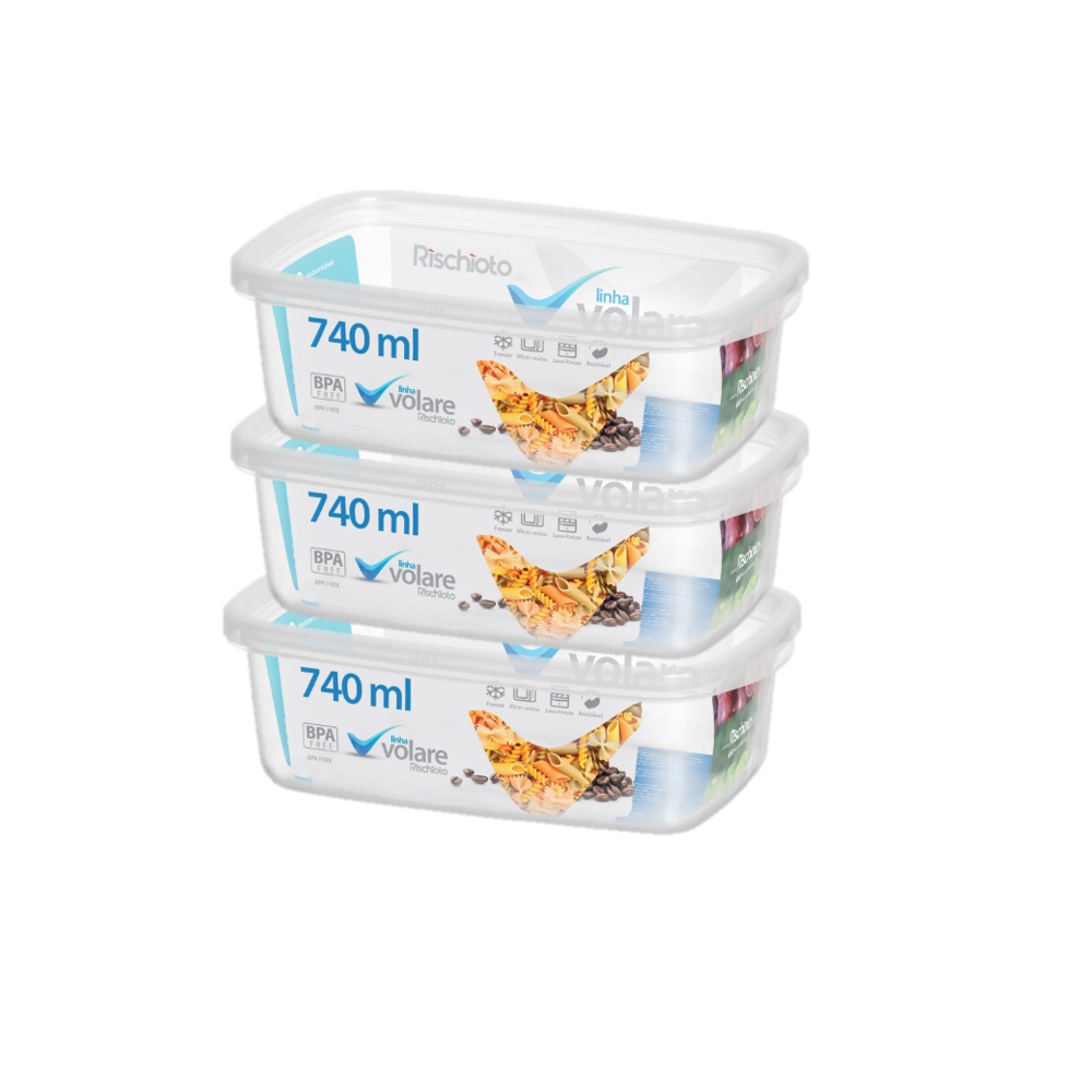 Kit 3 Peças Pote Plástico Retangular Volare 740ML Rischioto