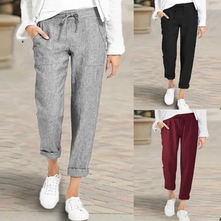 Calça Casual Feminina Com Cordão Elástica Macia Bolsos De Cintura Cor Sólida De Nove Quartos Plus Size