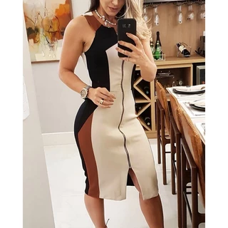 Elegante Mulheres Contraste Cor Costura Zíper Decoração Meio Comprimento Garfo Dividido Sexy Vestido Feminino