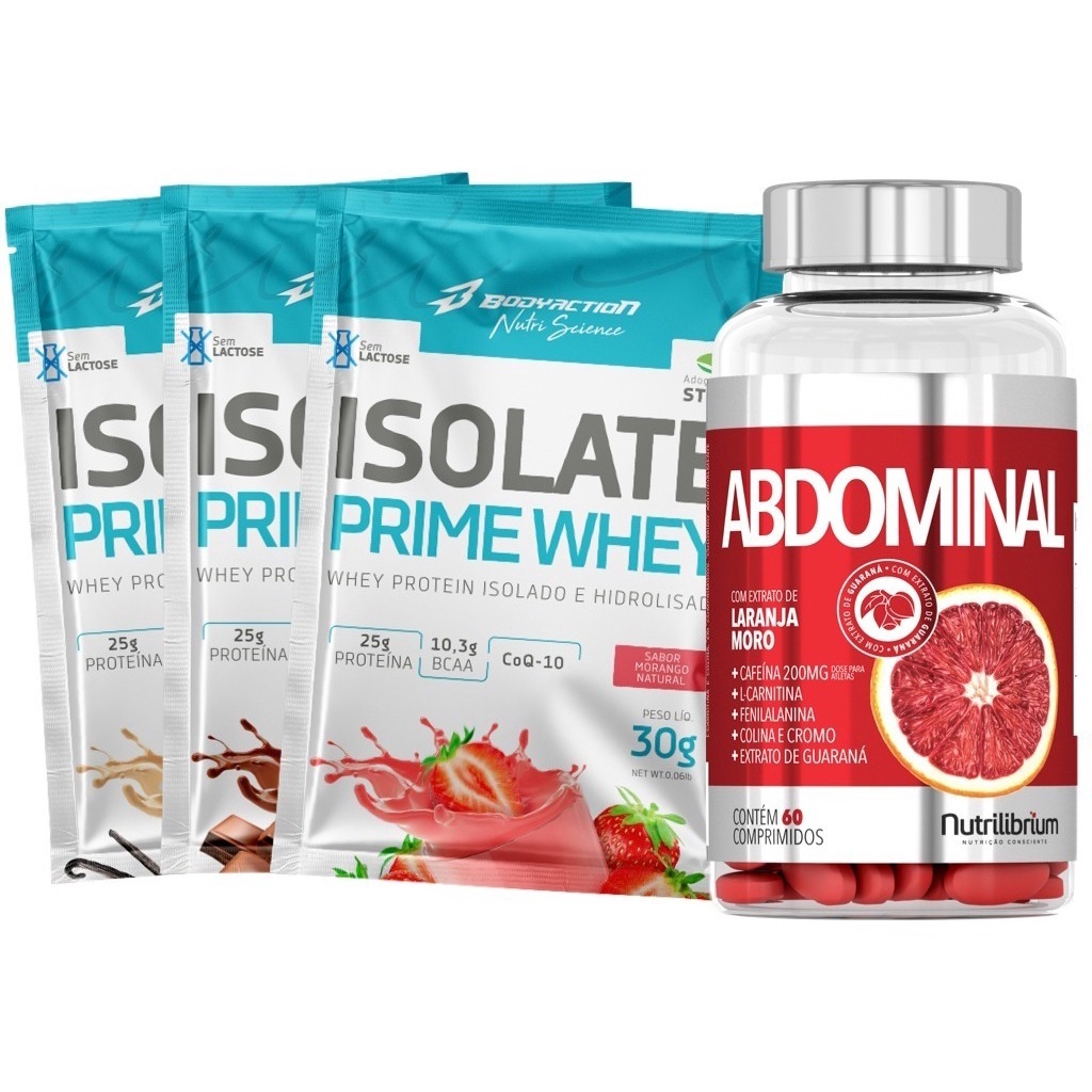 Kit 3x Sachê Isolate Whey Prime Dose Única + Abdominal 60 comp