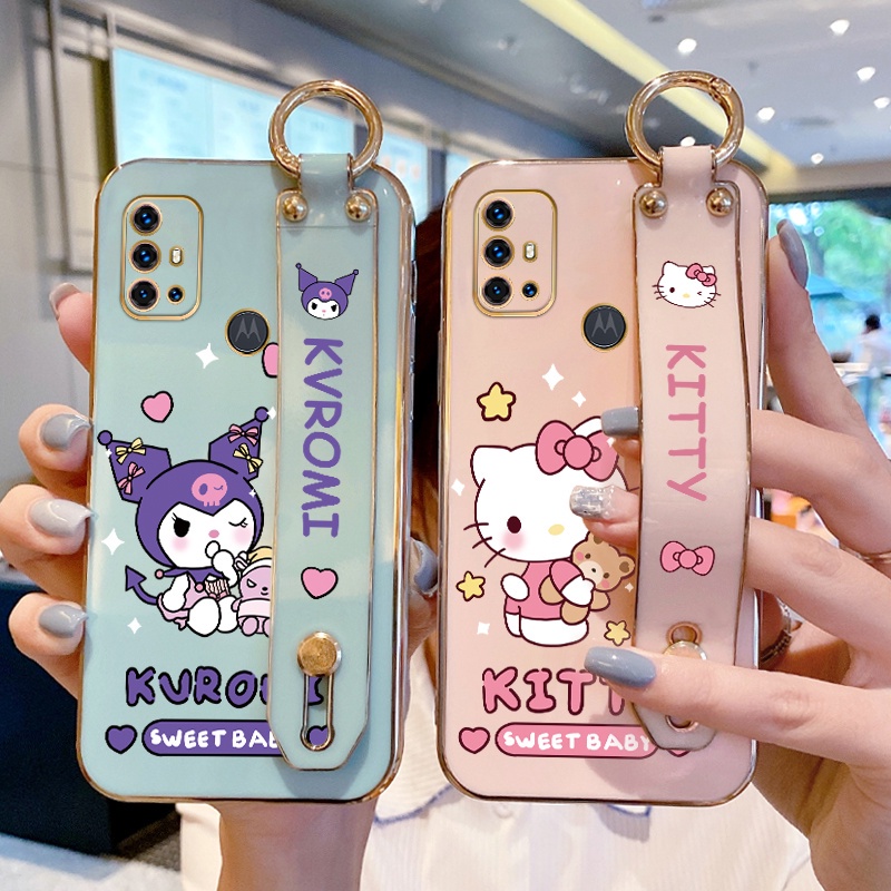 Alça De Pulso Capa Galvanizada Para Motorola Moto G30 G10 Fofo Olá kitty Suporte Telefone Anti-Impacto Macia