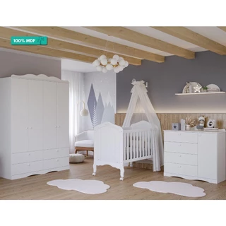 Quarto de Bebê Completo Berço Mini Cama , Cômoda 1 prt e Guarda roupa 4 Pts Encanto Permobili Branco