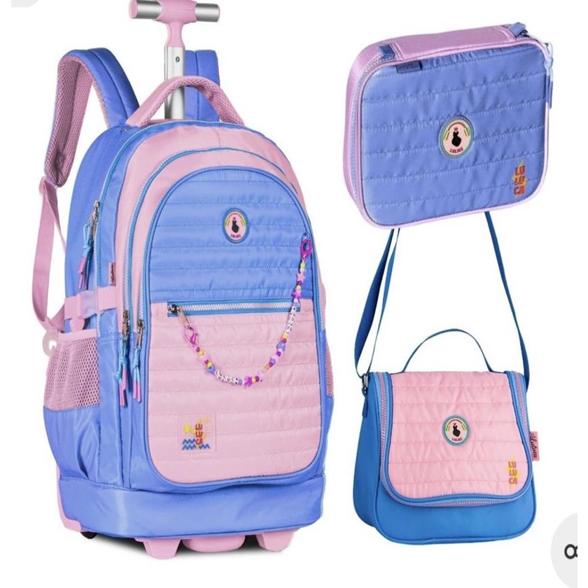 Kit escolar Mochila Rodas Estojo organizador e Lancheira termica Luluca ...
