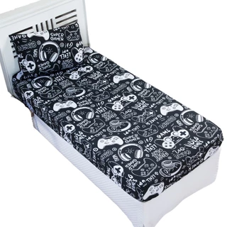 Lençol Com Elástico Solteiro Menino Game Preto e Branco 1 Pç