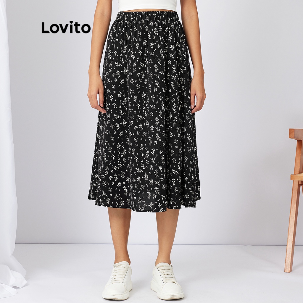 Lovito Saia Midi De Cintura Elástica Casual Ditsy Floral Linha A L21AS032 (Preta)