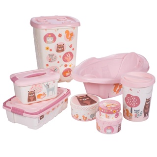 Kit Enxoval Bebê Banheira Cesto Caixas Lixeira Rosa Plasútil