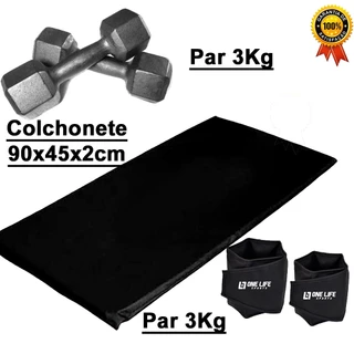 Kit Treino Em Casa - Colchonete + Par Halter Sextavado 3kg + Par Caneleira 3Kg - Academia Cross training em Casa