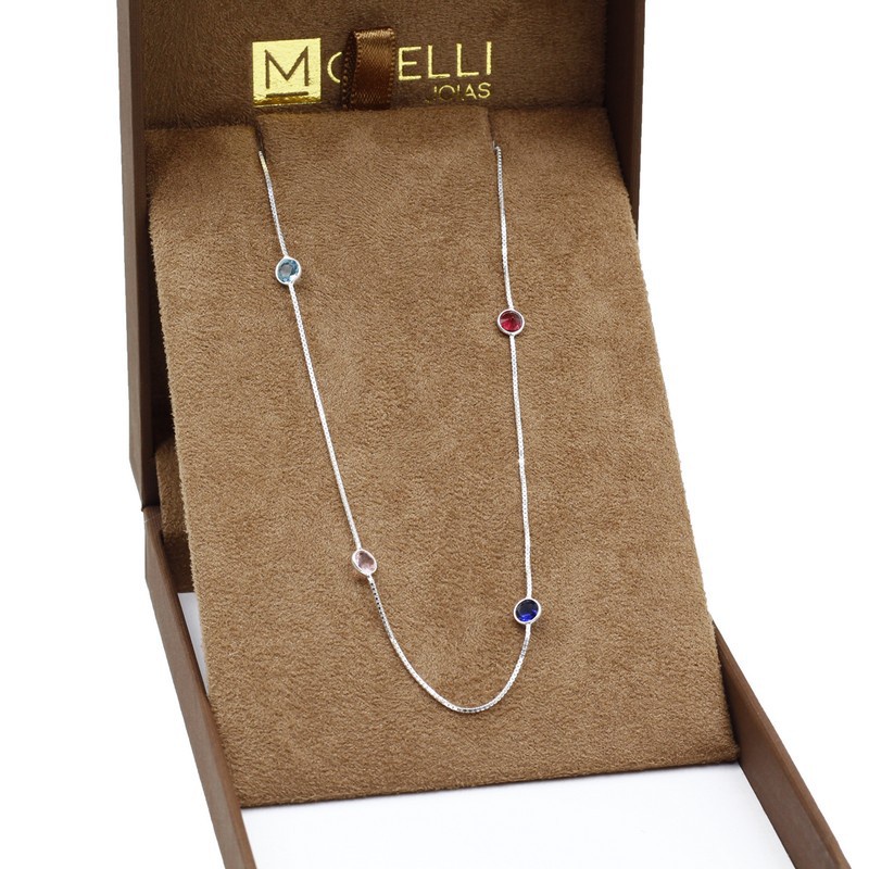 Colar Corrente Feminina Choker com zircônias 40cm Prata Maciça 925 Joia