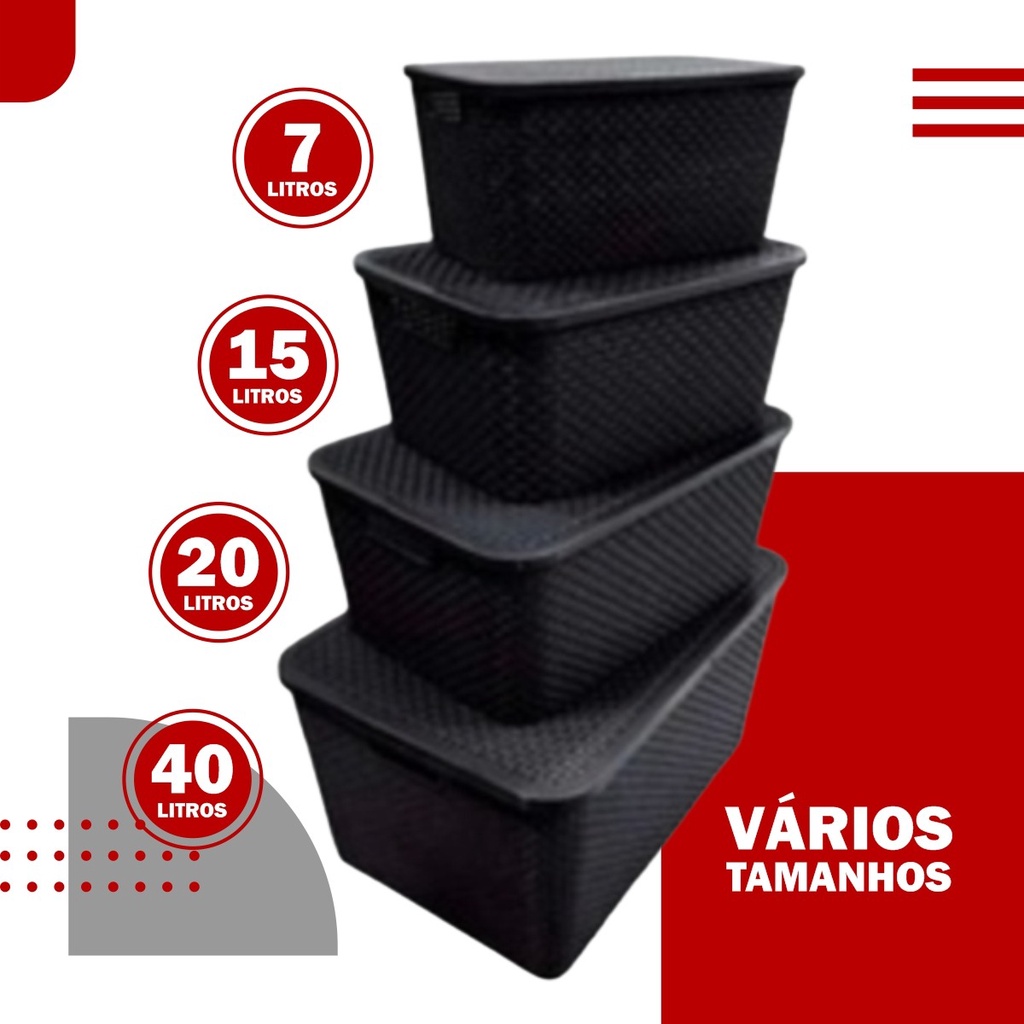 Caixa Organizadora Preta com Tampa Rattan 7 litros 15 litros 20 litros 40 Litros Brinquedos Armarios