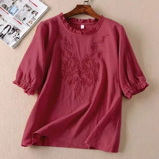Camisas De Linho De Algodão Camiseta De Verão Manga Curta Bordado Literário Feminino Blusas De Balão Com Babados Capa De Barriga Moda Casual