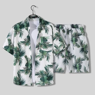 Calça Havaiana De Praia Para Homens Casal De Viagem De Férias Fato Casual Solto Camisa De Manga Curta Polo Média