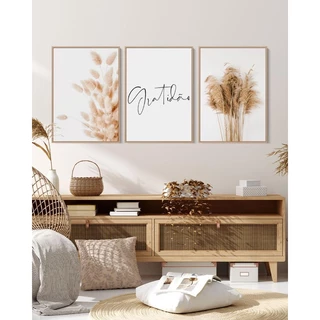Kit Quadro decorativo 3 peças Pampas e Gratidão folhas Plantas decoração
