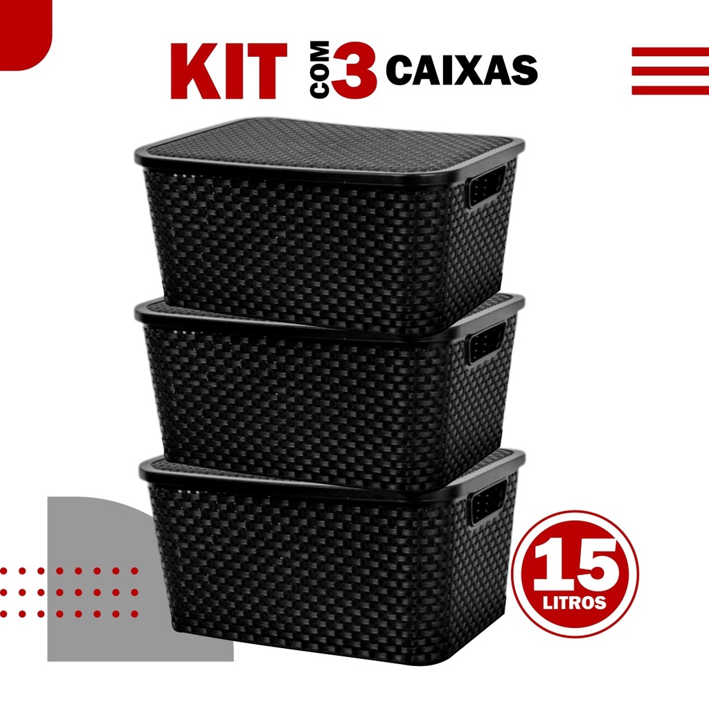 Kit 3 Caixa Organizadora 15l Com Tampa Rattan Cesto Para Brinquedo Organizador de Ármario
