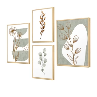 Kit 4 Quadros Decorativos Minimalista Ramos Delicados Natureza Verde Boho