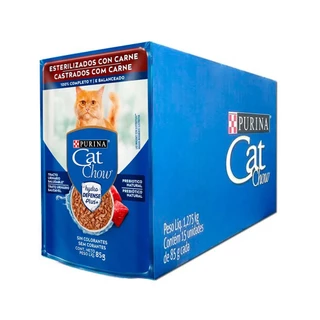 Caixa 15un Ração Úmida Sachê Cat Chow Gatos Castrados Carne Ao Molho 85g em Oferta na Shopee