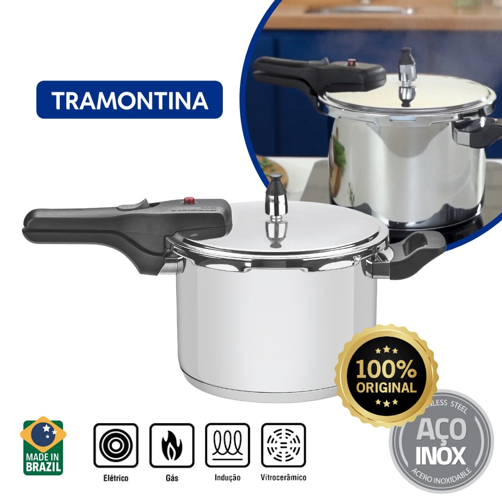 Panela de pressão Tramontina Brava Aço Inox 6L Fundo Triplo | Shopee Brasil