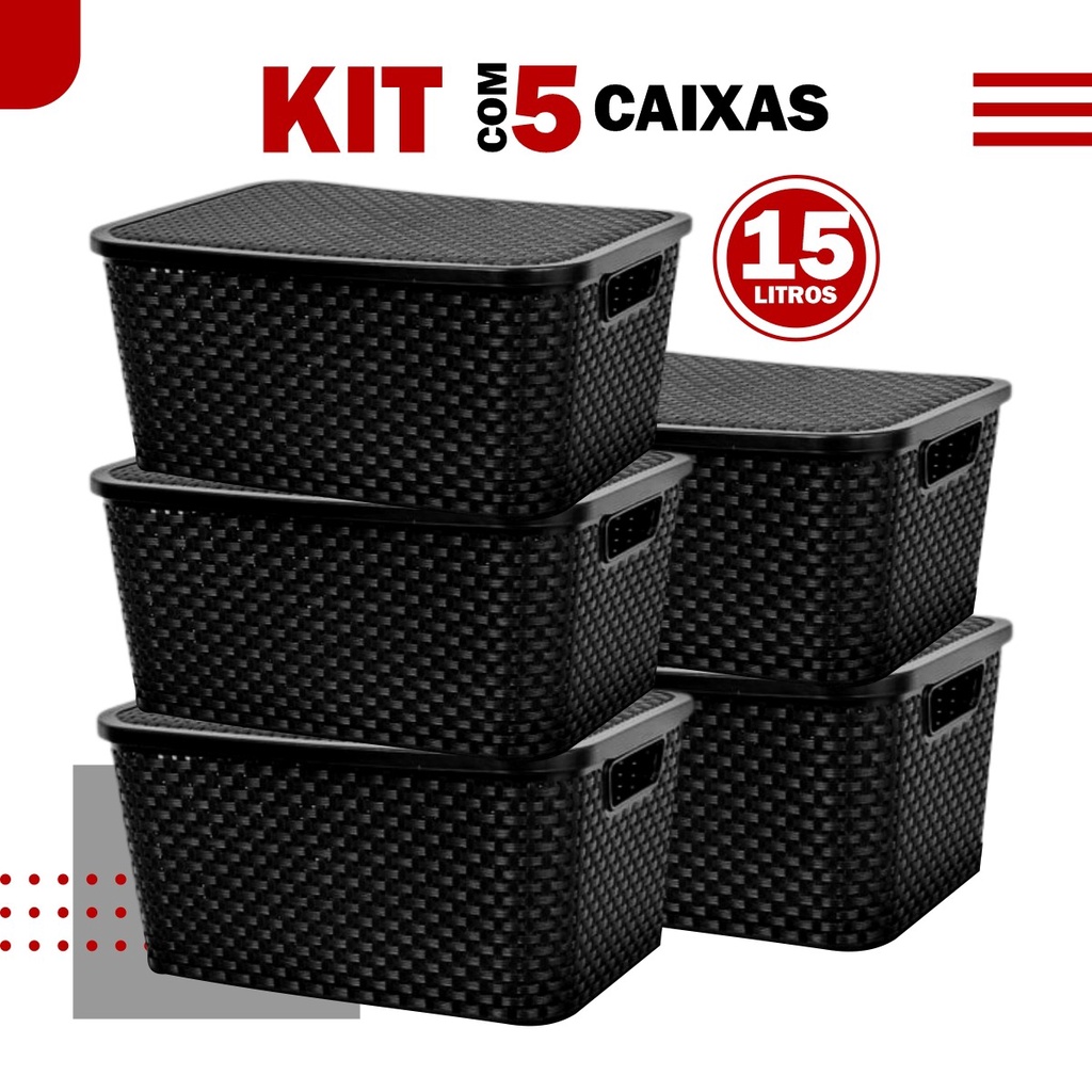 Kit Caixas Cestos Com Tampa Organizador Rattan Litros Arqplast